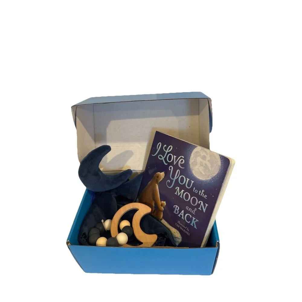 Unisex Baby Shower Box, I Love You to the Moon & Back book, Moon Lovey & Teether